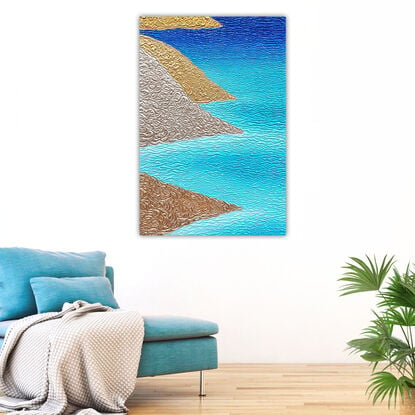 textured abstract beach blues with golden hills coast line 