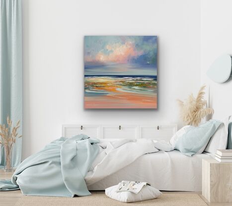 Ocean painting, blue and light pink