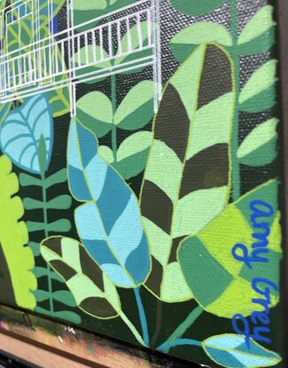 Black sky with dark blue and dark green tropical plants. White outlined houses.