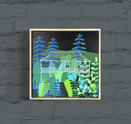 Black sky with dark blue and dark green tropical plants. White outlined houses.