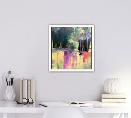 Abstracted painting with a pink and beige foreground and dark area suggesting trees and a forest. 