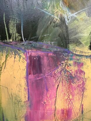 Abstracted painting with a pink and beige foreground and dark area suggesting trees and a forest. 