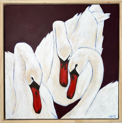 Three white swans with blue outlines and dark red background 