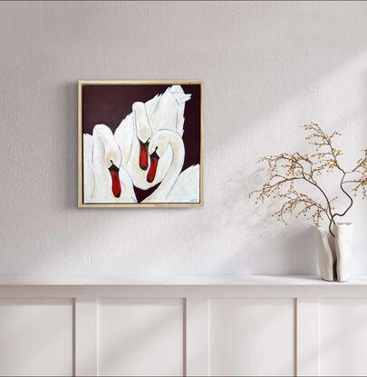 Three white swans with blue outlines and dark red background 