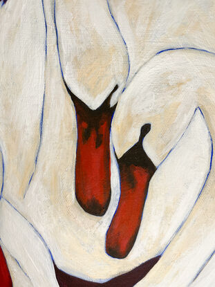 Three white swans with blue outlines and dark red background 