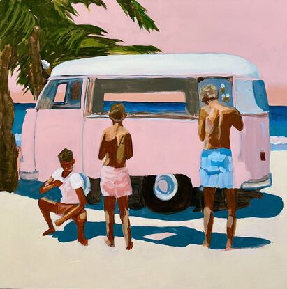 Three boys buying icecream from a pink van 