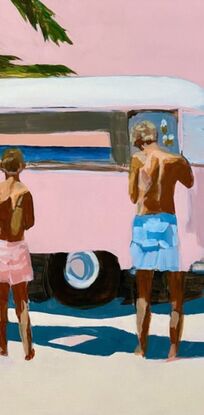 Three boys buying icecream from a pink van 