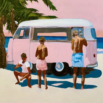 Three boys buying icecream from a pink van 