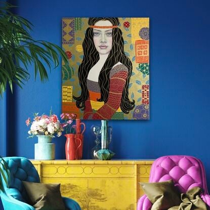 Young woman in boho style
Colourful portrait
Klimt style art
