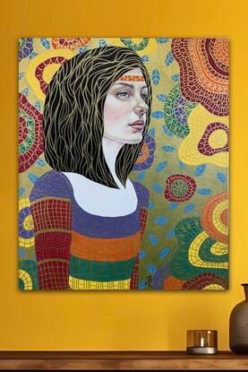 A beautiful young woman stands in a formal abstracted room. Art Nouveau style image, after Klimt. Golden embellishment over jewel colours. 