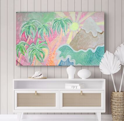 Colourful palm tree seascape painting