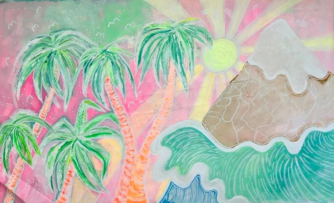 Colourful palm tree seascape painting