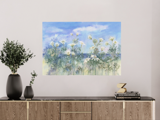 Watercolour painting of Flannel Flowers with blue sky and ocean horizon in the background