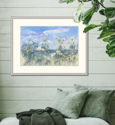 Watercolour painting of Flannel Flowers with blue sky and ocean horizon in the background