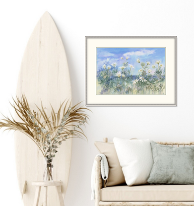 Watercolour painting of Flannel Flowers with blue sky and ocean horizon in the background