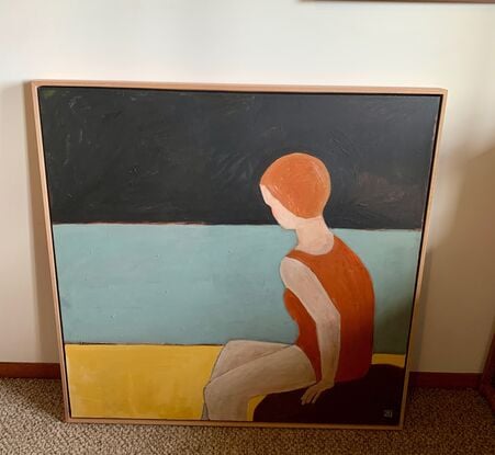 The painting depicts a woman sitting on a rock at the beach. She is wearing an orange swimming costume and a bathing cap. 