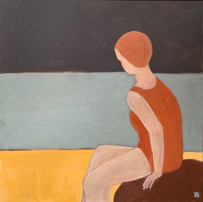 The painting depicts a woman sitting on a rock at the beach. She is wearing an orange swimming costume and a bathing cap. 