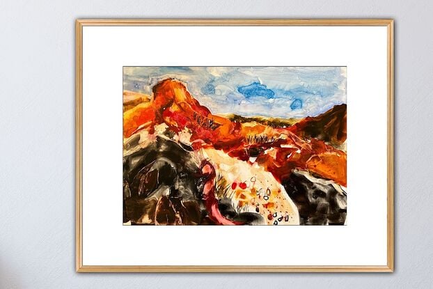 Orange and red rocks, a sandy stony path and dark shady areas under a blue sky, all painted very expressively and loose. 