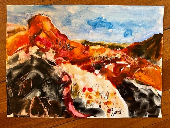 Orange and red rocks, a sandy stony path and dark shady areas under a blue sky, all painted very expressively and loose. 