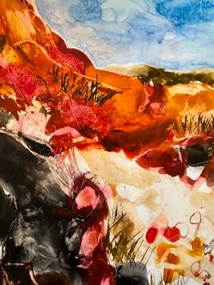 Orange and red rocks, a sandy stony path and dark shady areas under a blue sky, all painted very expressively and loose. 