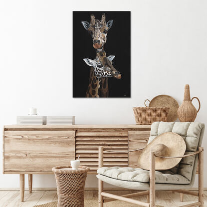 Protection is an original acrylic painting of a mother giraffe and her offspring by Anne-Marie Bloor