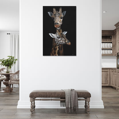 Protection is an original acrylic painting of a mother giraffe and her offspring by Anne-Marie Bloor