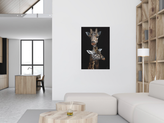 Protection is an original acrylic painting of a mother giraffe and her offspring by Anne-Marie Bloor