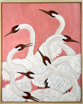 White heron birds painted with rough pink background