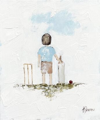 Original Figurative Farmhouse Painting featuring a young boy playing cricket. 
