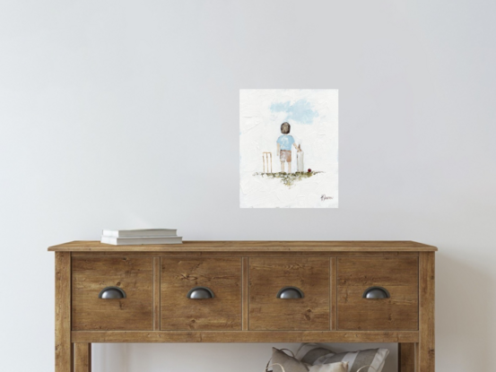 Original Figurative Farmhouse Painting featuring a young boy playing cricket. 
