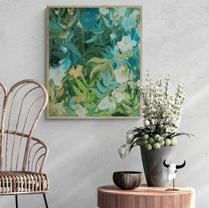 Small framed tropical leafy rainforest original painting in blue and green and white flowers
