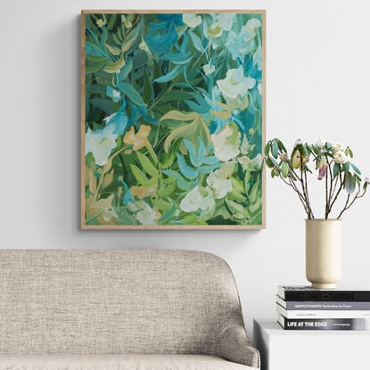 Small framed tropical leafy rainforest original painting in blue and green and white flowers
