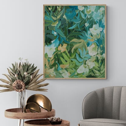 Small framed tropical leafy rainforest original painting in blue and green and white flowers
