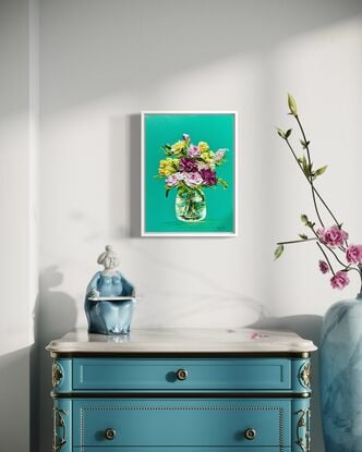 This artwork is made using impasto technique and is gloss varnished for protection.
Artwork comes with solid white floater frame. 