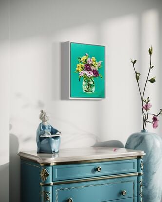 This artwork is made using impasto technique and is gloss varnished for protection.
Artwork comes with solid white floater frame. 