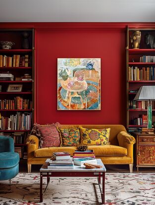 Living room scene with round table, patterned fabric chairs, gold chandelier 