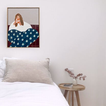 Blue background, woman reading book