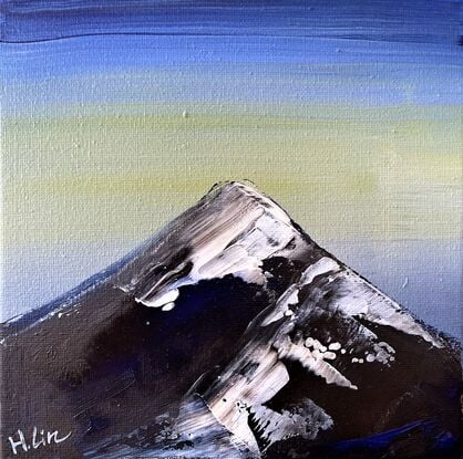 Dawn - Climb To The Top Of Mountain 
BY HSIN LIN
07/06/2021
20cm (H) x 20cm (W) x 1.5cm (D)
Acrylic on Acid free canvas. Sealed and protected with varnish.
Signed at front, sides painted ready to hang.
Comes with certificate of authenticity.
Painted with palette knifes.
<br>
In the middle of lockdown in Melbourne, In between my large floral projects - I want to paint something joyful, something soothing and healing, something reminds me of the good time with my family that we haven’t seen each other for years. 
While we had a day trip to Mt Donna Buang, it was snowing in winter, but we had fun. 
Everything looks magical and shining covered with snow. I breathed in deeply the crisp mountain air, and all the right feelings.
<br>
Affirmation – Every mountain top is within reach when I am with you.
<br>
THE VOICE OF NATURE series by HSIN LIN
Artwork inspired by nature in Bayswater, Melbourne, Victoria, Winter.

