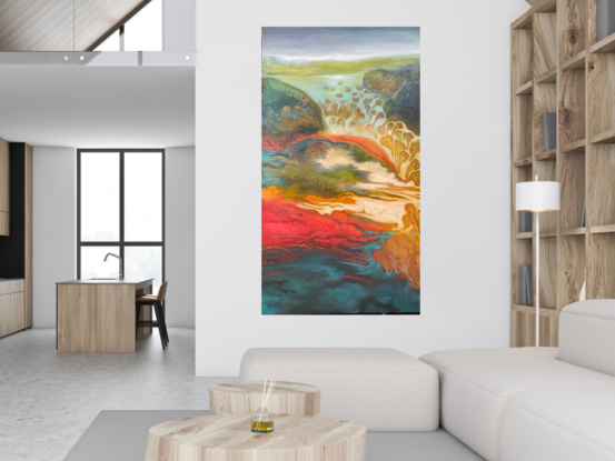 A vertical work with luscious colours based on the edge of a salt lake in Western Australia