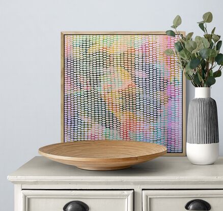 A multi coloured abstract background covered in small repetitive brush strokes in beautiful colours from nature, inspired by cherry and apple blossoms, using pastel peach, coral, and pinks