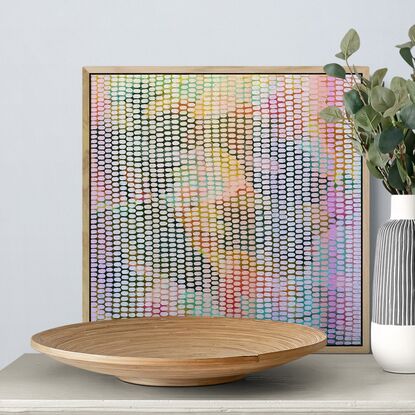 A multi coloured abstract background covered in small repetitive brush strokes in beautiful colours from nature, inspired by cherry and apple blossoms, using pastel peach, coral, and pinks