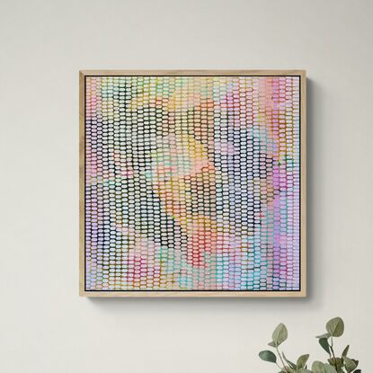 A multi coloured abstract background covered in small repetitive brush strokes in beautiful colours from nature, inspired by cherry and apple blossoms, using pastel peach, coral, and pinks