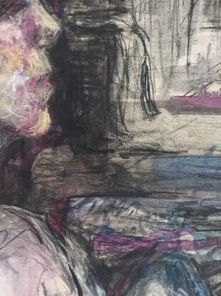 Figure seated on floor holding legs in an interior with washes on ink and charcoal and pastel marking.