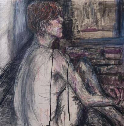 Figure seated on floor holding legs in an interior with washes on ink and charcoal and pastel marking.