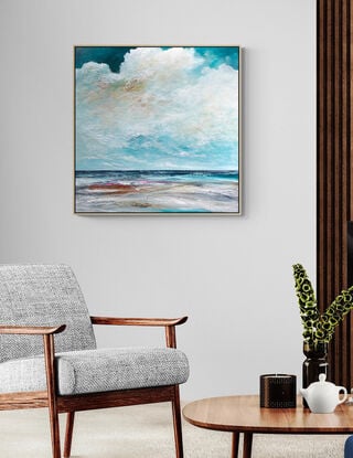 The Secret Flow is a textured abstract seascape, awash in vibrant teal blue hues, evoking the tranquility of the ocean. Fluffy white clouds float across the sky, while intricate mark making adds layers of depth and energy, capturing the essence of a dreamlike coastal haven.