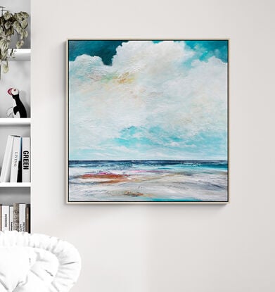 The Secret Flow is a textured abstract seascape, awash in vibrant teal blue hues, evoking the tranquility of the ocean. Fluffy white clouds float across the sky, while intricate mark making adds layers of depth and energy, capturing the essence of a dreamlike coastal haven.