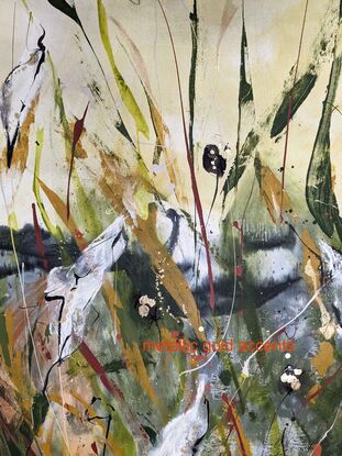 An abstract of wild grass and leaves in dark green, ochre, madder brown and grey