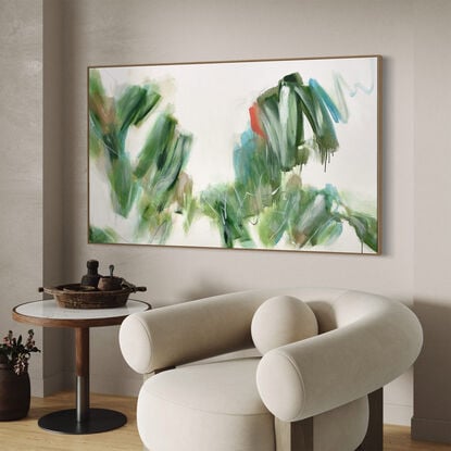 Subtle tones in green, olive, blue, white, grey, peach and pink combined with large expressive pencil and paint marks, across the canvas surface. 