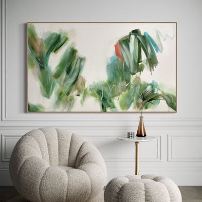 Subtle tones in green, olive, blue, white, grey, peach and pink combined with large expressive pencil and paint marks, across the canvas surface. 