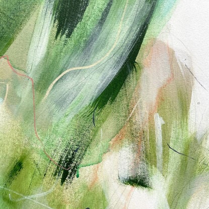 Subtle tones in green, olive, blue, white, grey, peach and pink combined with large expressive pencil and paint marks, across the canvas surface. 